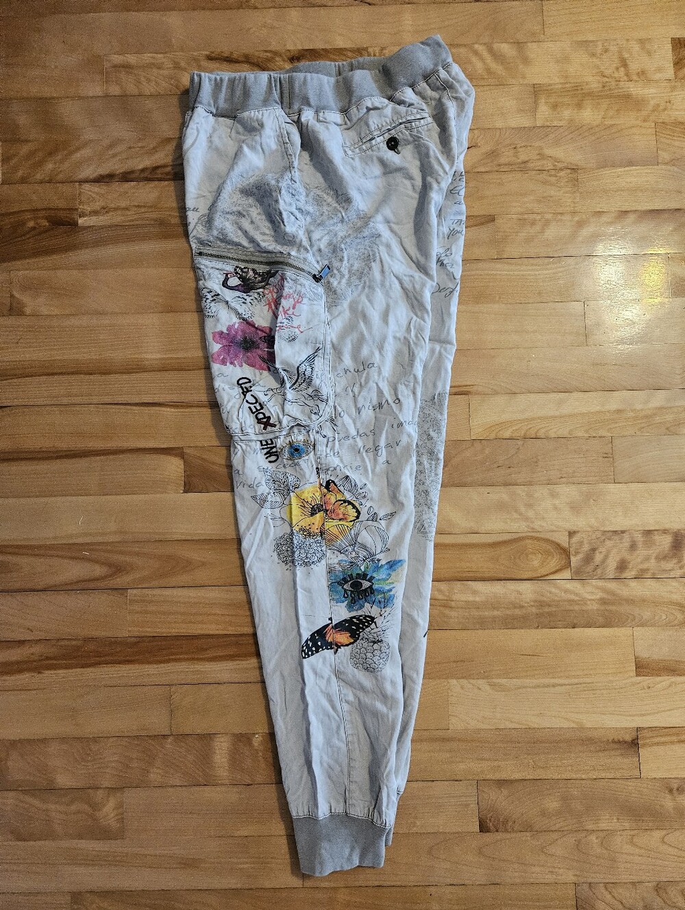 Desigual Trousers Miner-Style Pants Beige With Gorgeous Flowers Butterflys Eyes - Picture 5 of 9